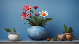 Background: Create a uniform blue background that spans the entire canvas, serving as a backdrop for the scene. Ensure the blue is consistent and without any distractions or patterns. Placement: Position the pot with the exotic flower towards the right side of the canvas, leaving ample space on the left side. Center the pot vertically within the canvas, maintaining balance and visual appeal. Pot and flower: Depict a pot or vase that is visually appealing and well-defined, standing out against