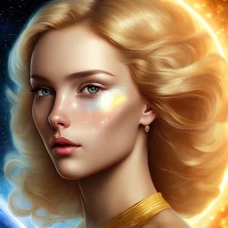 Viso bellissimo,donna venusiana con occhi chiari capelli biondi,con abito oro,blu e bianco tra le stelle nel cosmo e le astronaavi