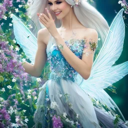 Fantasy fairy with transparent wings, smiling, make up, long platinum blond hair with crown and flowers, blue dress, flower background