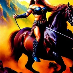 portrait oil on canvas,beautiful busty Female Warrior riding a horse, minimal armor,comic book cover, mystical colors,insanely detailed,realistic,intrincate detail,crystal clear eyes, 16k resolution, masterpiece,Simon Bisley,Frank Frazetta,Alex Horley,ARTHUR ADAMS