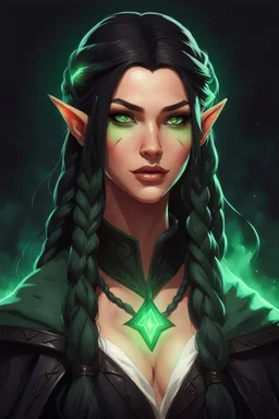 Young beautiful female Hexblood warlock character. Lightly tanned skin. Long straight jet-black hair to the waist. Half-up hairstyle with two loose Dutch braids on each side. Bright glowing pale emerald-green eyes. Delicate face. High cheekbones. Full lips. Soft smile. Slightly pointed ears. Faint dark vine-like markings on neck and collarbone. Black cloak. Realistic dark fantasy. Highly detailed. Cinematic lighting.