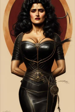 painting of salma hayek as evil queen in black leather, feminie, angry, stern look on her face, volouptous, busty, cleavage, emperious, mature, highly detailed, digital painting, artstation, concept art, smooth, sharp focus, illustration, art by gaston bussiere and alphonse mucha