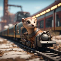 train that looks like a weasel wearing driver gloves, in the style of a fallout 4,bokeh like f/0.8, tilt-shift lens 8k, high detail, smooth render, down-light, unreal engine, prize winning