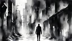futuristic modern dark night metropolis the soul leaves a man in an alley. In black and white style watercolor drawing. a lot of black color