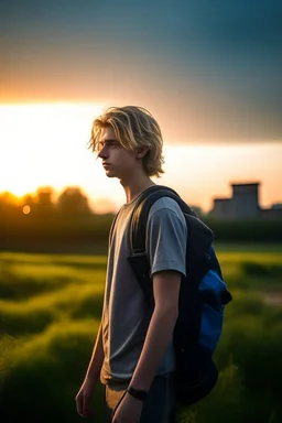 A detailed photo of a handsome fifteen year old boy wearing a used backpack standing in a field with an abandoned city skyline in the background, shaggy blond hair, wearing tee shirt with holes and torn shorts, sunset, tall grass, bright colours, vast landscape, cinematic photography, high resolution, high quality, highly detailed.