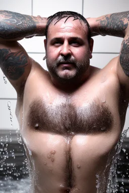 full figure shot photography of 43 years old wet sweat burly chubby very ugly italian plumber smiling under the shower , hands behind the head , manly chest , in white overalls, beard , wet, sweat, curly hairs, tattoo, big tights, photorealistic, Canon EOS, hyper-realistic, very detailed, drunk eyes, natural colours, sunlight, ambient occlusion, the light shines on wet skin