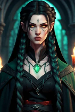 Beautiful young Hexblood warlock female character. Long straight jet-black hair to the waist. Half-up hairstyle with two loose Dutch braids on each side. Bright glowing pale emerald-red eyes. Delicate face. High cheekbones. Full lips. Soft smile. Faint dark vine markings on face and neck. Black long cloak. Scars, markings and tattoos Realistic dark fantasy. Highly detailed. Cinematic lighting.