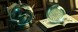 map of labyrinth contained in a glass ball with elemental sigils and symbols on a table beside a book called Rotten Riddles Age with weird illustrations, being read by an fluffy imp gremlin druid librarian in a cyber punk wheel chair in the style of Fallout 4 and Giger and Escher