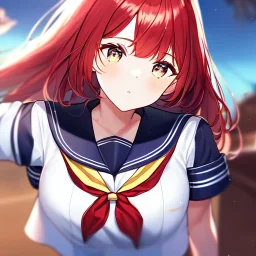 Clear focus, High resolution, medium length hair, cyan hair, red hairs, wearing a sailor uniform, (Falling from sky) (helpless) (Ilisration)