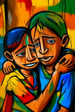 a girl hug her brother and both crying sadly, expressionism, Pixar style, in abstract art Basquiat, Picasso, Miro, Kandinsky, Klee, Birell, Fairey, Ardon, Buffet aand Picasso style, HD --s 750 --v 5.1 --style raw, water color