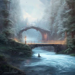 fantasy art, book illustration, wild horse, stairs of a bridge to old mill ,icy water, on the bridge is a wolf,seen from the tree tops