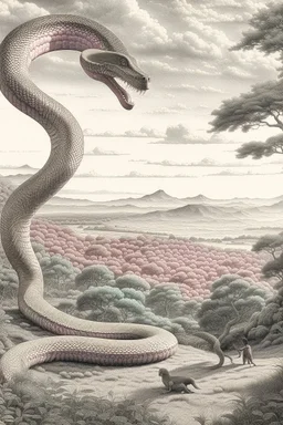 "image_description": "overall_scene": "A vintage-style monochromatic illustration depicting a giant snake against a vast, atmospheric landscape backdrop.", "foreground": "serpent": "description": "A giant snake coils around a giant tree. Its scales are highly detailed, and its form is imposing and powerful.", "details": "The snake's body is wrapped around the thick branches of the tree, illustrating its immense size and strength." "background": "landscape": "descrip