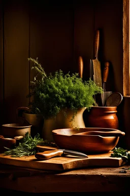 A rustic wooden cutting board, aged oak surface textured with knife marks, surrounded by vintage kitchen tools and fresh garden herbs cascading off the edges, positioned on a rough farmhouse table, ambient warm light casting soft shadows, still life photography, high dynamic range, rich earth tones.