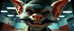 anime, airbrush and pen outline, french art mustache , extreme close up on cheeky fluffy weasel hairy goblin military prison guard news anchor elf family scumbag in the style of Escher and Giger and Fallout 4, pinhole cam, airbrush 3d rendering, on tv screen:A five-second cinematic single take in a clean industrial presentation hall.