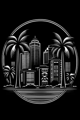 all black logo with big buildings and palm trees in the back