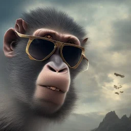 a chimp in sunglasses on a mountain, realistic, midjourney, dramatic light, close up, smoky background, cinematic