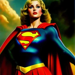 portrait oil on canvas, beautiful busty SuperGirl, green big eyes, ,minimal armor,comic book cover, mystical colors,insanely detailed,realistic,intrincate detail, 16k resolution, masterpiece,Frank Frazetta,Alex Horley, Simon Bisley