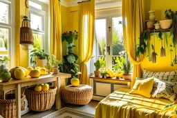 ruangan yang didekorasi aksesori musim panas, sesuatu yang berwarna kuning dan tentu yang cozy, nyaman sedikit redup, tidak terlalu terang benderang, buatlah ruangan tidak terlalu cerah dan agak sdikip gelap dan nyaman, jangan tambahkan jendela