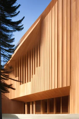 Exterior auditorio de materiales madera y piedra