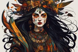 create a close up, full body, Abstract Expressionist, folk character illustration of a pagan woman based on the folklore of Baba Yaga , the Rusalka, and Samodiva in the style of Egon Schiele, John William Waterhouse, and Gustav Klimt, highly detailed, 8k resolution