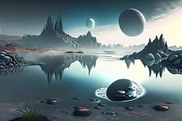 Alien landscape with one grey exoplanet in the horizon, pond, water reflection, rocky landscape, sci-fi