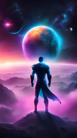 Lonely super hero with background space with multi verse planet wolrd,cinematic galaxy, neon light cosmic with motion fog at night