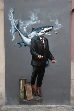 man with catfish shark head smoking a cigarrette in the style of banksy