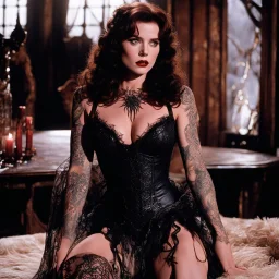 [photo from The Thing (1982)] The Dark Lord's Granddaughter is a witch with her bloody fangs, covered by tattoos and lace agent provocateur dress ; she stands poised on hands and knees