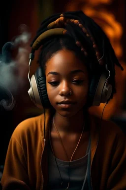 earthy black young woman listening to music with small old school headphones, soul, peace, majestic, earthy colours, at peace, happy, incense, jewels, bands, natural, old school headphones, blasian eyes, incense, no epicanthal eye folds, very darker skin tone