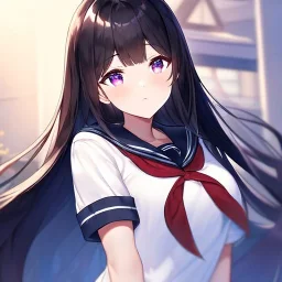 Clear focus,High resolution, Black long straight hair, Long bangs, and purple eyes, Looking down on you, wearing a sailor uniform that is black and red, sighing