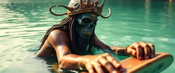 beholder tyrant on skateboard in a lagoon, goa folk electronica trance, latin breaks, , indian vibes, fsol, close up portrait
