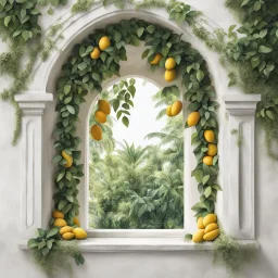 A window in white with an arch decorated with mangoes and light green leaves