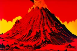 A red volcano with brimstone crystals painted by Andy Warhol