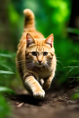 A Cat running very fast in the jungle, front shot, close up, National geographic style, motion blur, sharp focus, 8k