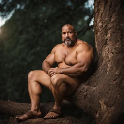 close up photography of a marocan 44 years old seated on a tree trunk in the wood, burly chubby muscular , big shoulders, manly chest, white bulging boxer, shirtless, hairy , golden hour, tatoo, 35mm lens, f/1.8, accent lighting, global illumination, frontal view from the ground