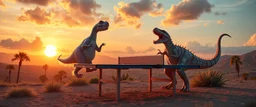 disco dino throwing ping pong table into the air, ghost busters and a ping pong long fluffy slinky cloud twisting dinosaur sun set