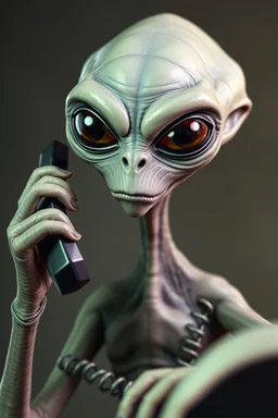 lifelike grey alien angrily talking on the phone