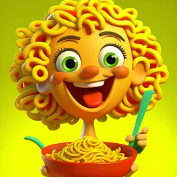 A small cartoon character who is a funny pasta holding a cheese fork in her hands. Her hair is made of cheese and she has small sharp teeth and a small red tongue. The background is yellow, 8K quality, high definition.
