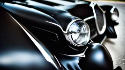 Photograph of a gorgeous and expensive, oldschool black sports car with a big, black front grill, realistic, stylish, taken up close from the front of the car.