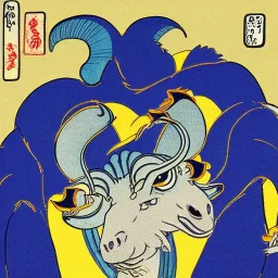 Ukiyo-e style illustration of blue and yellow Bighorn Ram holding a football