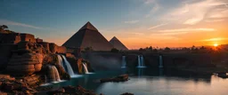 pyramids with aqua-ducts adjacent and waterfalls, at sunset