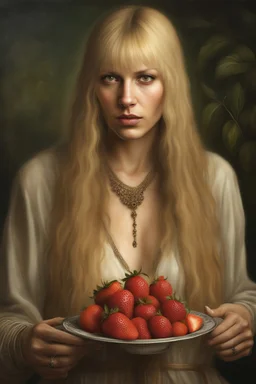 realistic stock photo, Realism engine, General Fast V2 (Flux), Create a realistic image of a female with long, straight blonde hair, the bangs cut straight across the forehead, hazel eyes, a plump chest, strawberry sundae, in the style of Boris Vallejo, Frank Frazzetta, Leonardo da Vinci, Julie bell, 4k, 8k, 16k, 32k. 100k UHD