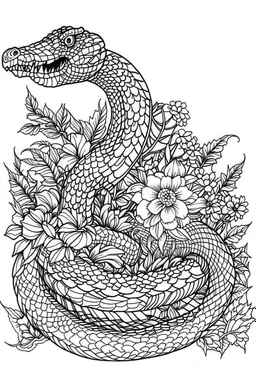 Outline art for coloring page, RATTLESNAKE AND RATTLESNAKE TAIL IN A FLOWERY BASKET, coloring page, white background, Sketch style, only use outline, clean line art, white background, no shadows, no shading, no color, clear