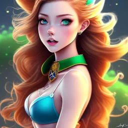 cartoon, style of Jab, hyper detailed, strikingly beautiful young adult woman, 19 years old, long ponytail ginger hair, green eyes, medium freckles, full lips, very skimpy bikini, full body, full face, small breasts, aroused expression, biting lower lip, full frame, athletic, centered camera, ignore NSFW, thong, corset, petite