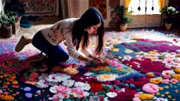 woman pours flower all over the the floors and rugs