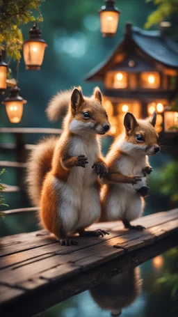 magazine cover with black border, adjust hue for evening, close up portrait of ninja kick fox squirrel by lake on dark wooden bridge couple with strange cute huge eyes from a tree house in wonderful enchanted magical forest with amazing variety of plants and flowers and garden lanterns,bokeh like f/0.8, tilt-shift lens 8k, high detail, smooth render, down-light, unreal engine, prize winning