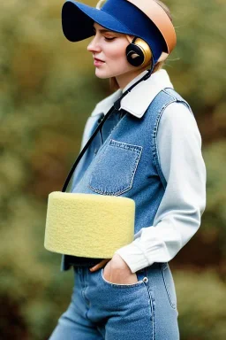 Young woman, no make-up. Old-fashioned things like CD's, microphone integrated to mask! Wool visor to tippet, AKG headphones, golden rings. materials are denim, leather and felt cloth mixed. Fashion 1990's. Venue: Farm Recycled plastic, stuff, nature, Chicken and cockatoo, Natural Light. Possible colors: Cream white, zinc plate, plum/blue camouflage, red ochre, ochre. Thick tights. Thick calves. wide hip