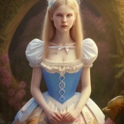 whole portrait of "Alice in the wonderland",Award-winning, detailed eyes, blue eyes, Realistic lighting, cinematic lighting, Trending on artstation, octane render, 8k ,elegant,smiling, by Chie Yoshii and disney background Olivetrees in style of salvatore Dali