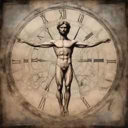 double exposure abstract art, Michelangelo's Vitruvian man and clock face hybrid, arms and legs are surreal clock hands pointing to roman numerals, by Arthur Secunda, cog and gear elements, masterpiece, sfumato, complex contrast