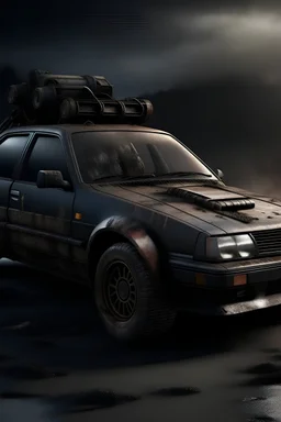 Create a hyper-realistic image in the cinematic style of Mad Max, featuring a compelling fusion of a weathered and rusty black 1998 Honda Civic seamlessly morphing into a half-car, half-scorpion hybrid as the central object.